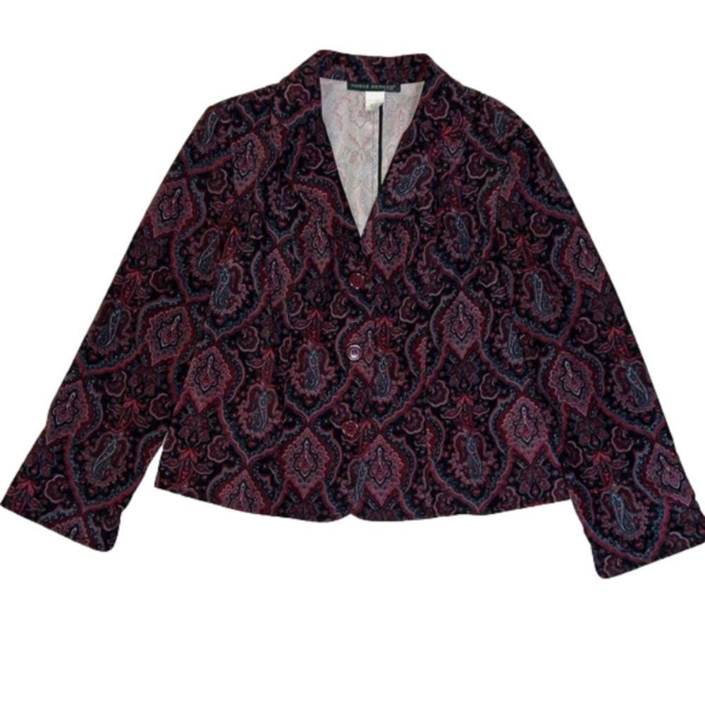 Harve Bernard Vintage Retro Black & Burgundy Paisley Blazer Jacket - Sz Petite L